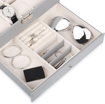 Watch Box 12 Slots, PU Leather Jewelry Box with Acrylic Top, Gray Display Case Organizer for Men and Women