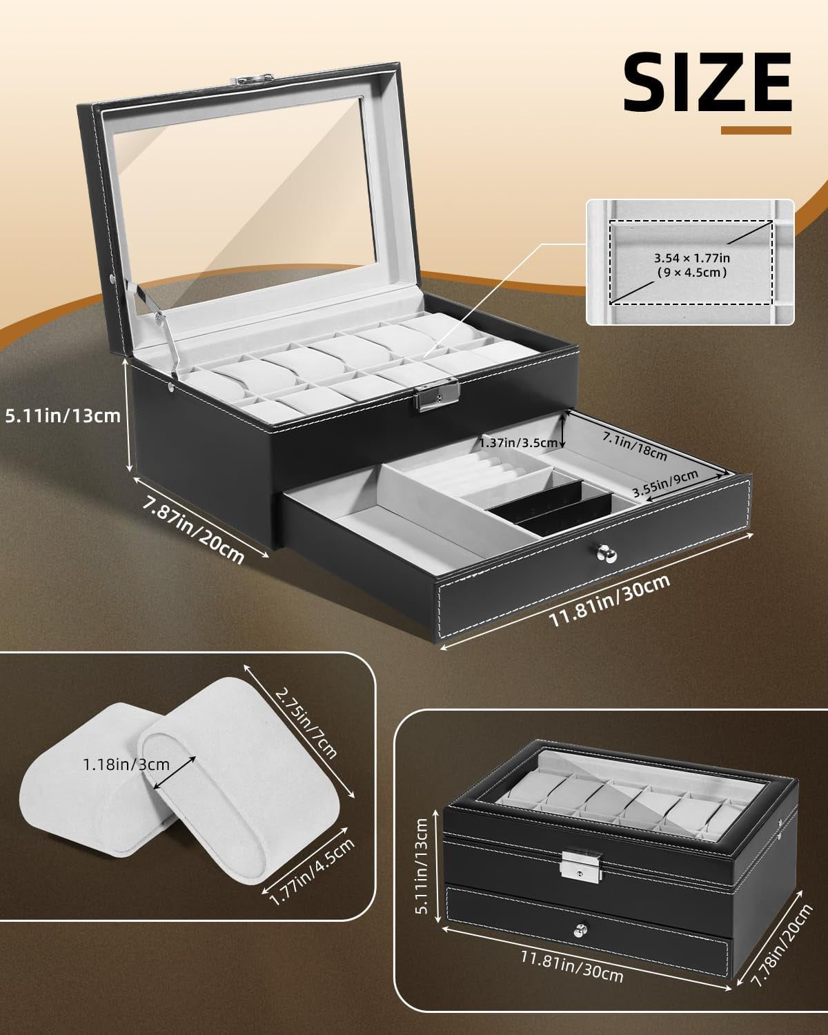 Watch Box, 12 Slots PU Leather Watch Display Case with Jewelry Drawer, Removable Watch Pillow, Metal Clasp, Watch Box Organizer