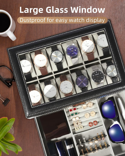 Watch Box, 12 Slots PU Leather Watch Display Case with Jewelry Drawer, Removable Watch Pillow, Metal Clasp, Watch Box Organizer