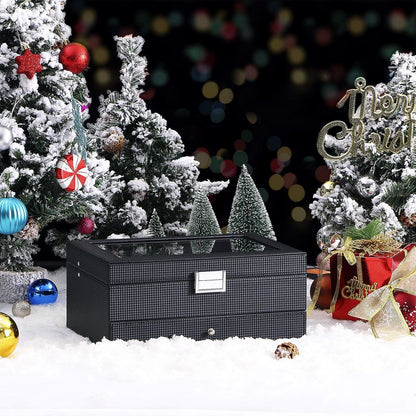 12-Slot Watch Box, Watch Case for Men 2-Layer, Watch Display Organizer Mens Jewelry Box Men’S Watch Cases, Glass Top, Watch Hoder, Gift Idea, Black Synthetic Leather SSH02C