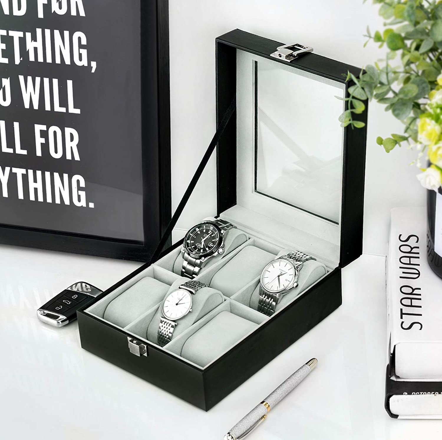 Watch Box 6 Slots PU Leather Case Organizer Wooden Storage Organizer for Storage and Display Men'S & Women'S Gift Business（Gray