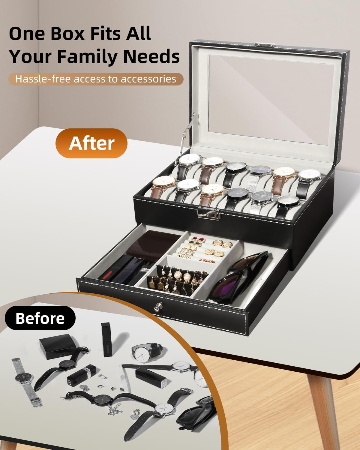 Watch Box, 12 Slots PU Leather Watch Display Case with Jewelry Drawer, Removable Watch Pillow, Metal Clasp, Watch Box Organizer