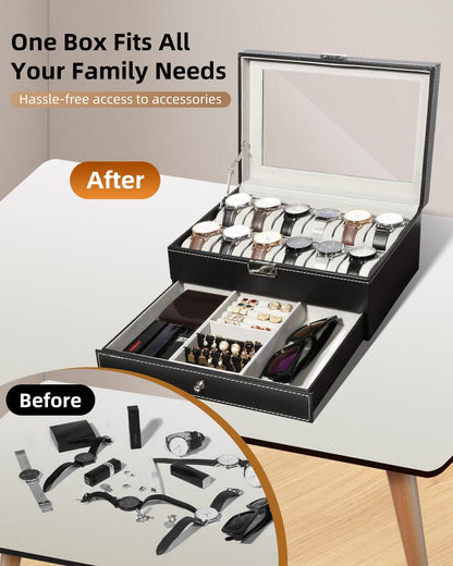 Watch Box, 12 Slots PU Leather Watch Display Case with Jewelry Drawer, Removable Watch Pillow, Metal Clasp, Watch Box Organizer