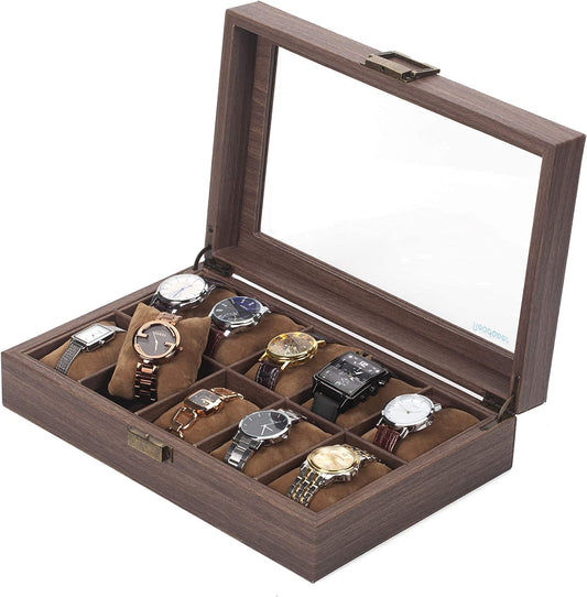 READAEER 10 Slot PU Leather Watch Box Organizer Watch Case with Glass Top