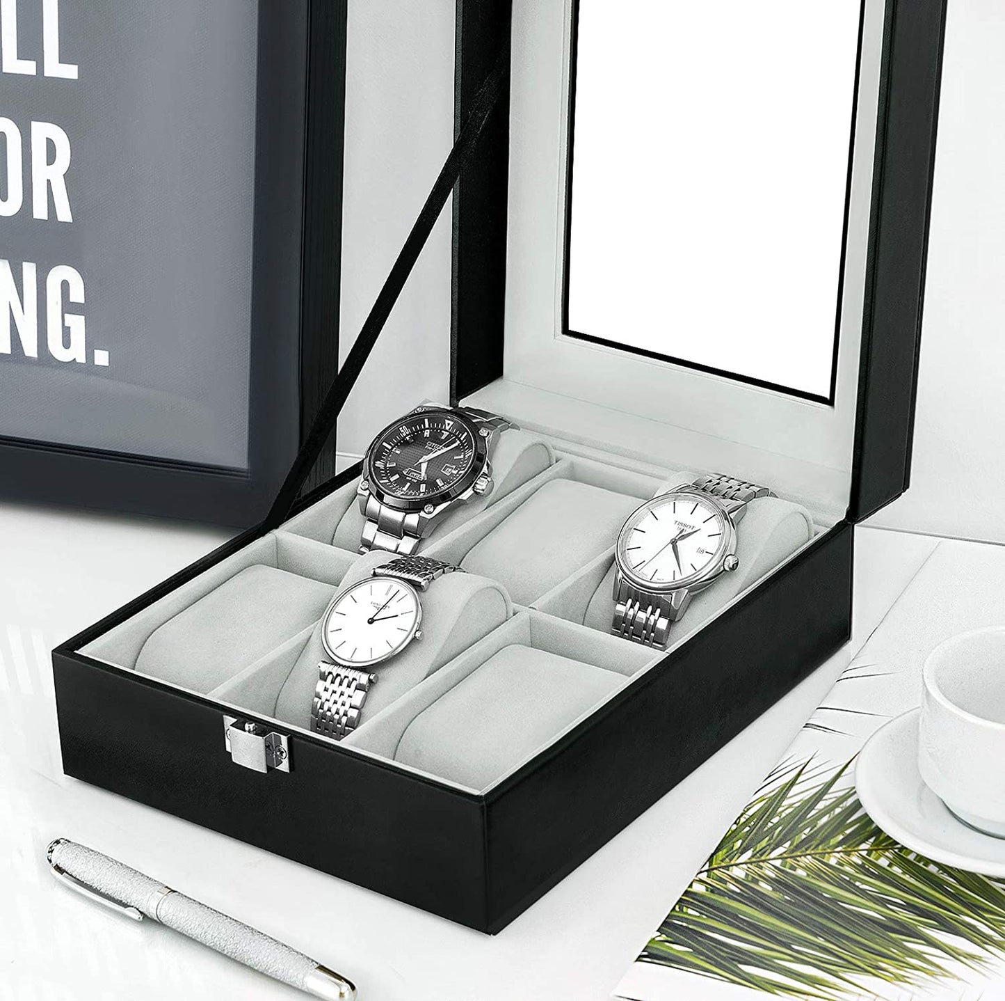 Watch Box 6 Slots PU Leather Case Organizer Wooden Storage Organizer for Storage and Display Men'S & Women'S Gift Business（Gray