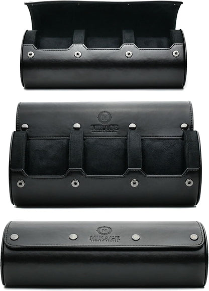 Travel Watch Case – 3 Watch Organizer Travel for Men - Watch Carrying Case Holder and Display - Super Black Motif Vegan Leather