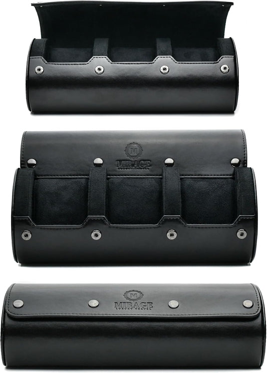 Travel Watch Case – 3 Watch Organizer Travel for Men - Watch Carrying Case Holder and Display - Super Black Motif Vegan Leather