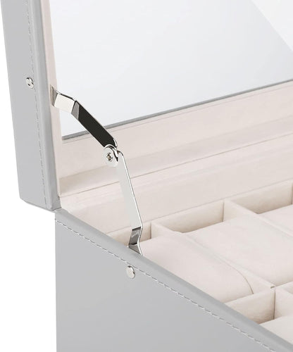 Watch Box 12 Slots, PU Leather Jewelry Box with Acrylic Top, Gray Display Case Organizer for Men and Women