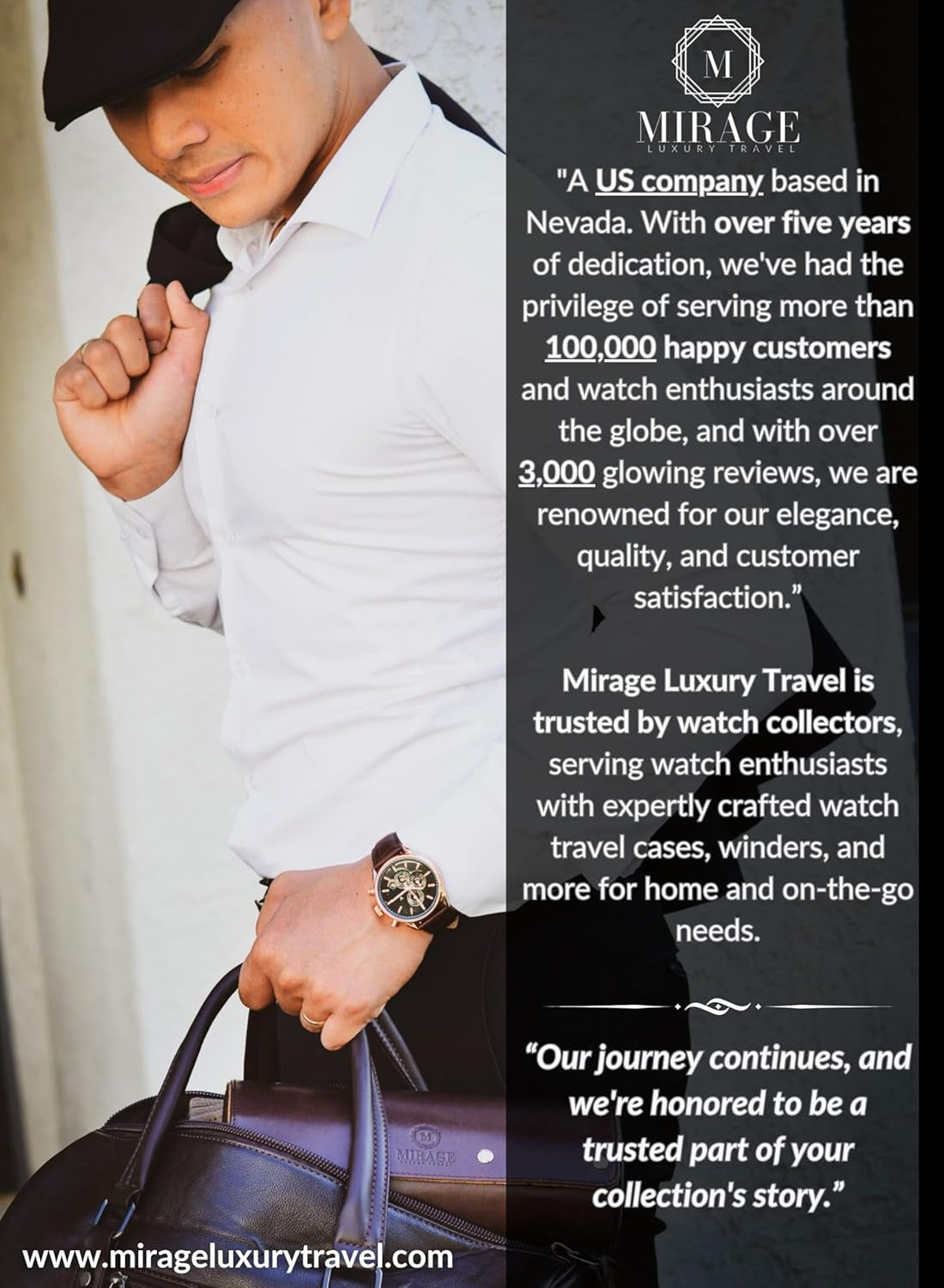 Travel Watch Case – 3 Watch Organizer Travel for Men - Watch Carrying Case Holder and Display - Super Black Motif Vegan Leather