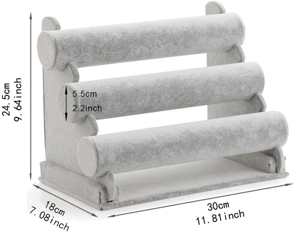 Wudygirl Triple Bracelet Holder Velvet Jewelry Display Stand Watch Bangle Bar Necklace Storage Organizer Gray (Ice Velvet 3 Tier)
