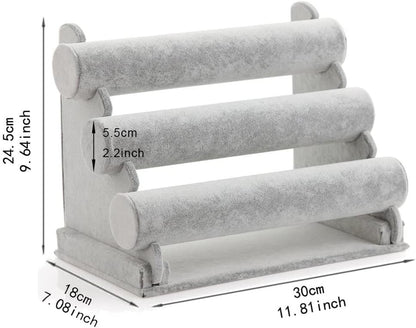 Wudygirl Triple Bracelet Holder Velvet Jewelry Display Stand Watch Bangle Bar Necklace Storage Organizer Gray (Ice Velvet 3 Tier)
