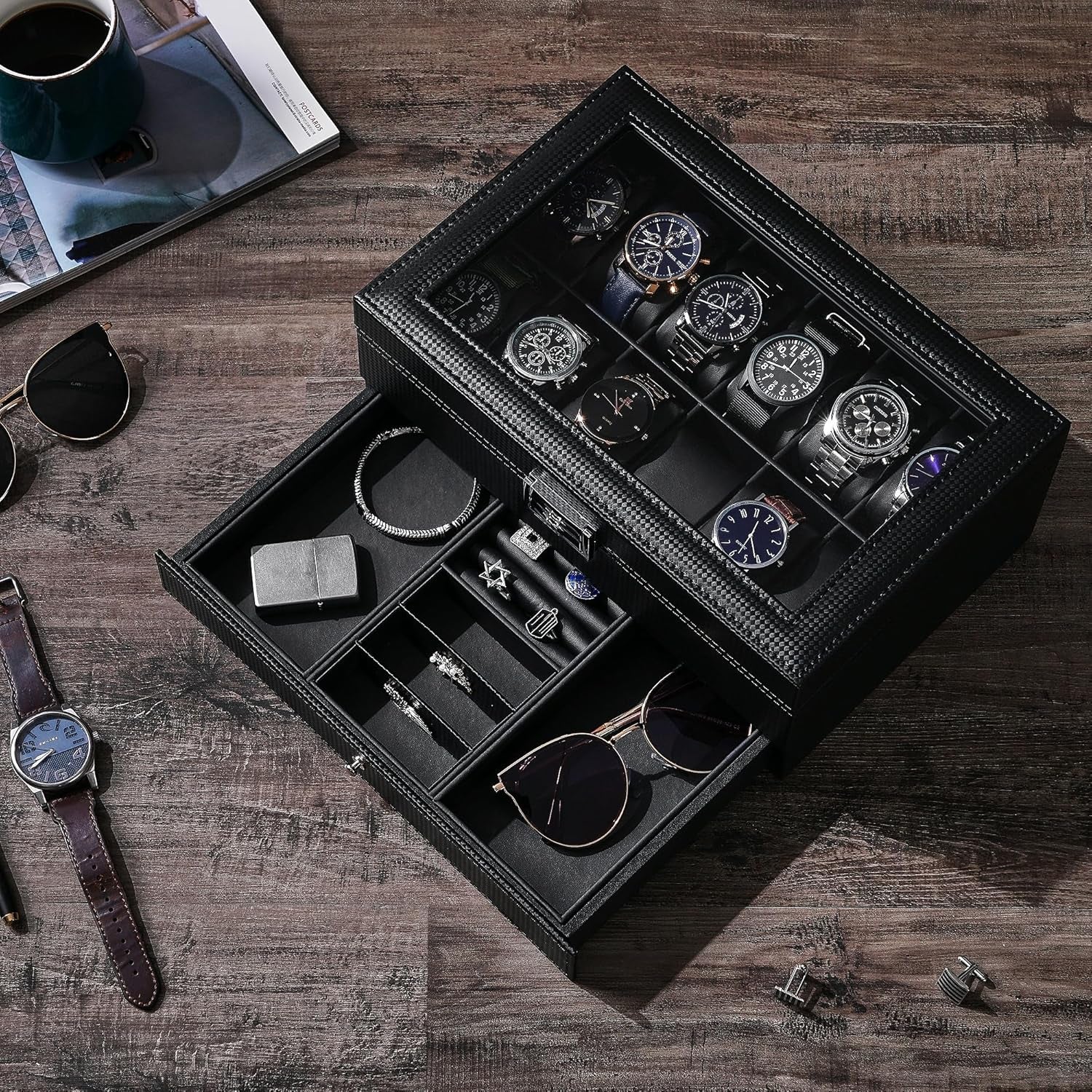 12-Slot Watch Box, Watch Case for Men 2-Layer, Watch Display Organizer Mens Jewelry Box Men’S Watch Cases, Glass Top, Watch Hoder, Gift Idea, Black Synthetic Leather SSH02C