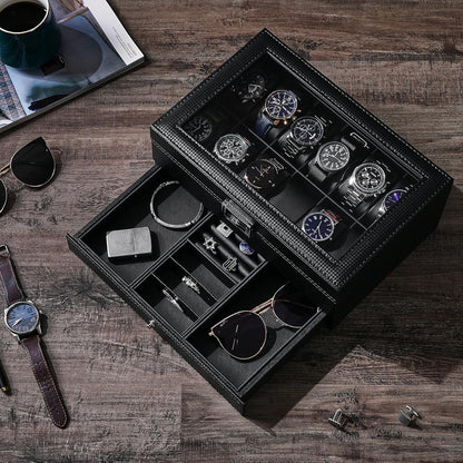 12-Slot Watch Box, Watch Case for Men 2-Layer, Watch Display Organizer Mens Jewelry Box Men’S Watch Cases, Glass Top, Watch Hoder, Gift Idea, Black Synthetic Leather SSH02C