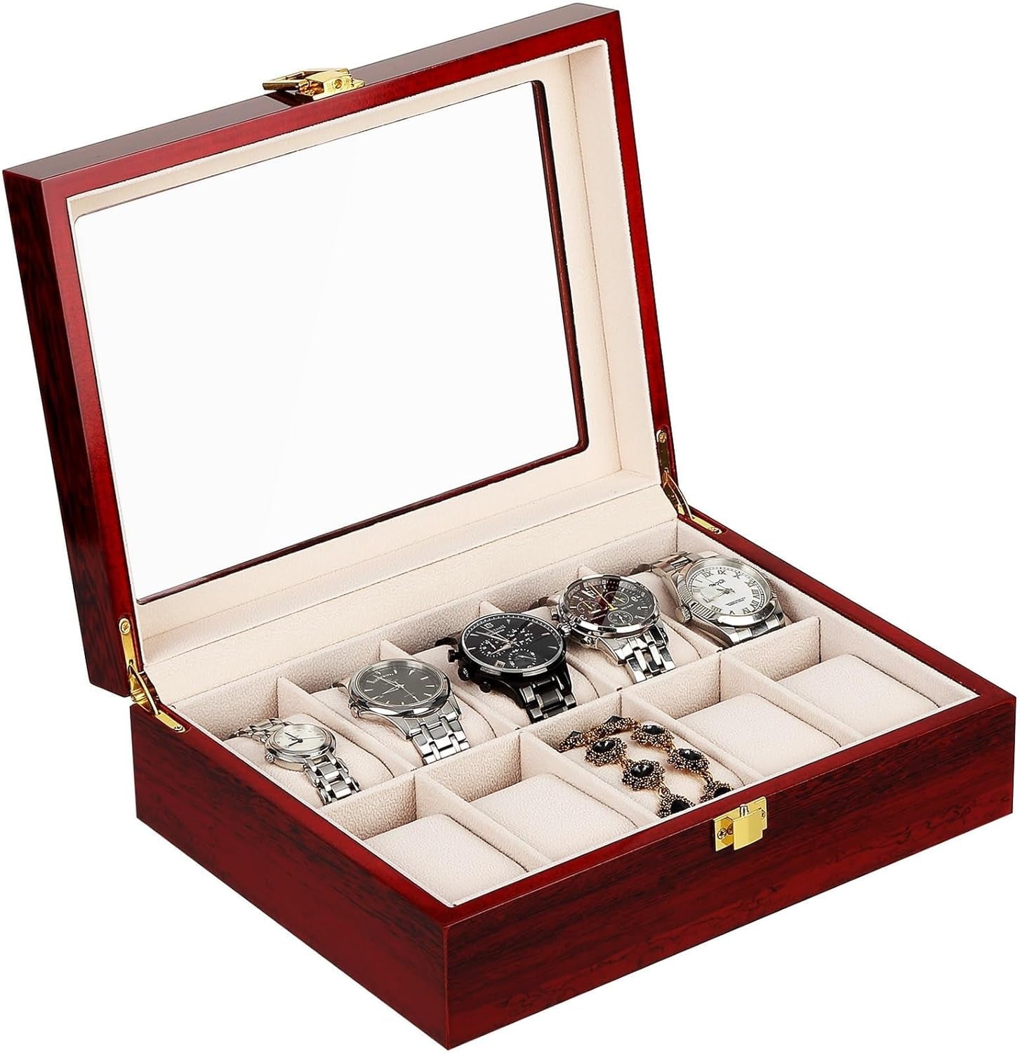 Uten Watch Box, 10 Slots Wooden Watch Case with Removable Watch Pillow, Metal Clasp Watch Display, Watch Box Organizer for Men and Women