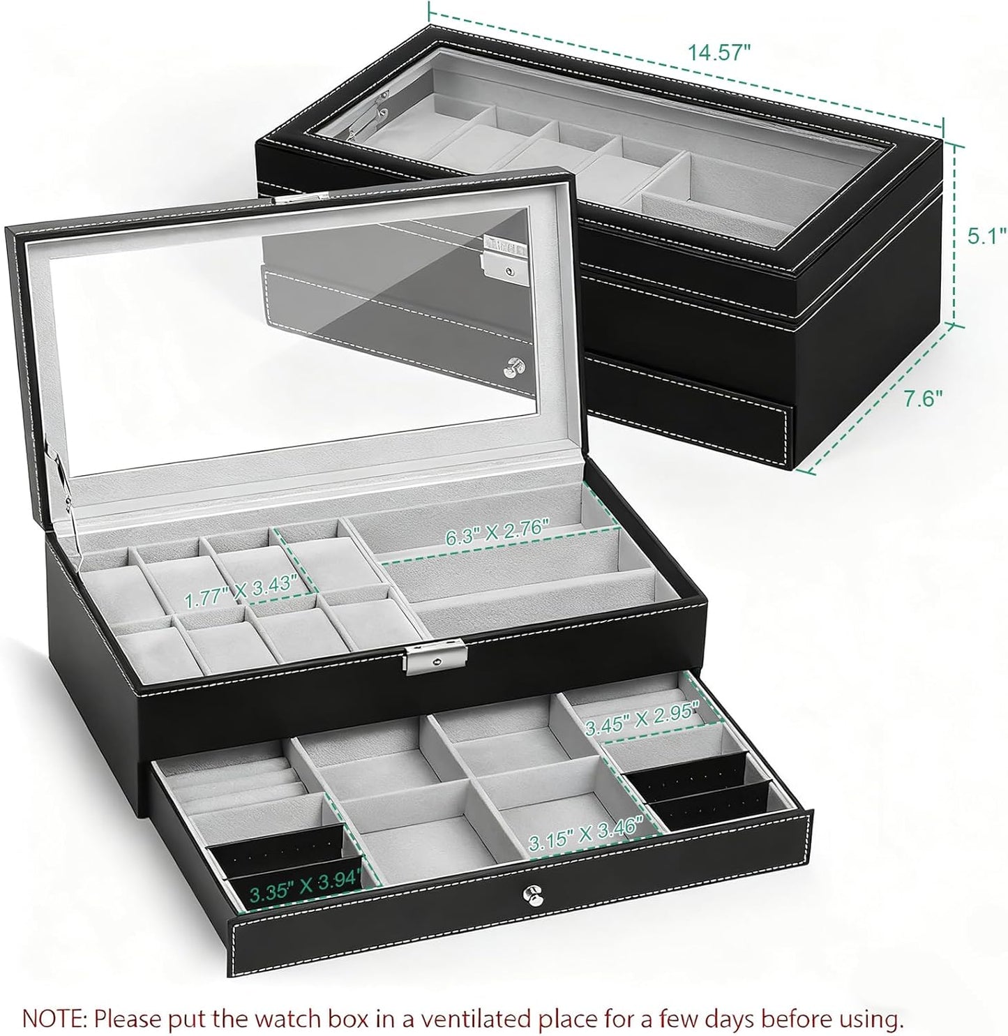 Tomcare Watch Box Watch Case Jewelry Organizer Holder Jewelry Display Box Case Sunglasses Storage Organizer Lockable with Glass Top and PU Leather for Men Women, Black