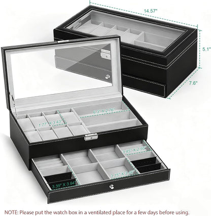 Tomcare Watch Box Watch Case Jewelry Organizer Holder Jewelry Display Box Case Sunglasses Storage Organizer Lockable with Glass Top and PU Leather for Men Women, Black