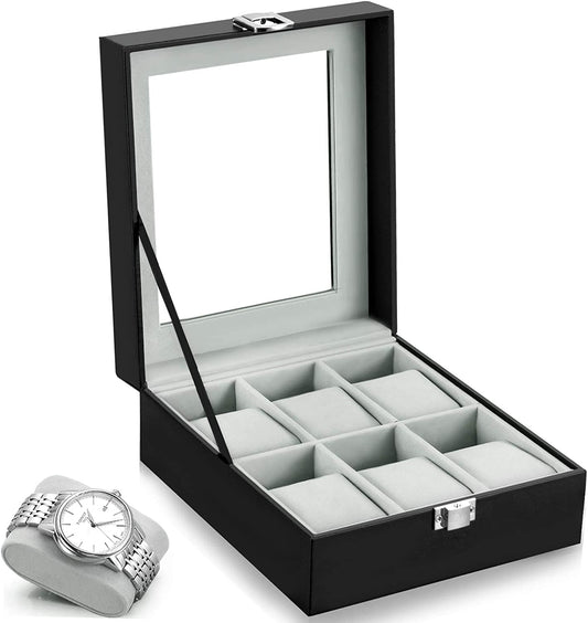 Watch Box 6 Slots PU Leather Case Organizer Wooden Storage Organizer for Storage and Display Men'S & Women'S Gift Business（Gray