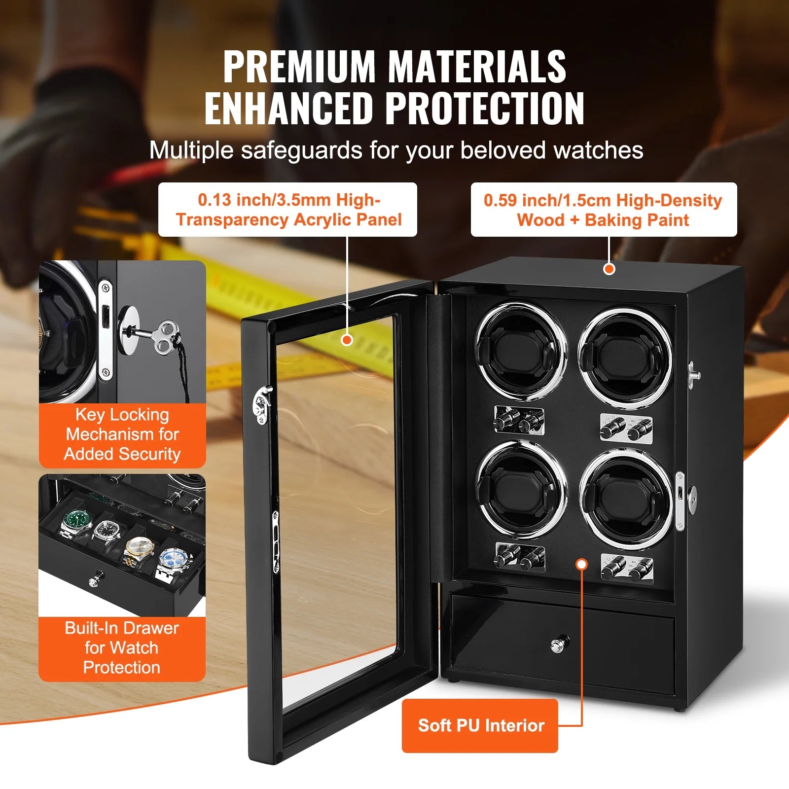 Watch Winder for 4 Automatic Watches with 4 Quiet Japanese Mabuchi Motors