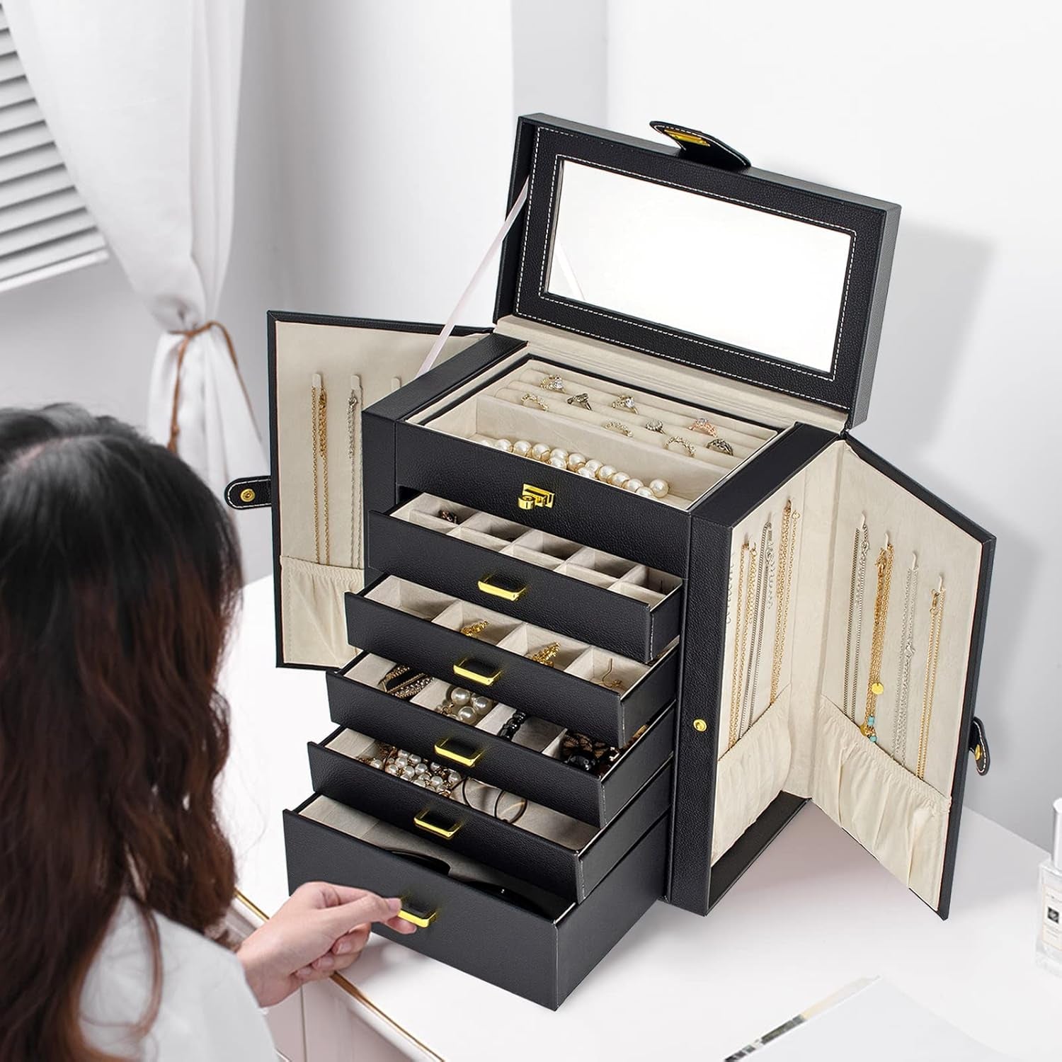 Huge Jewelry Box Organizer Functional Lockable, Large Leather Jewelry Storage Case for Women Girls Ring Necklace Earring Bracelet Holder Organizer with Mirror