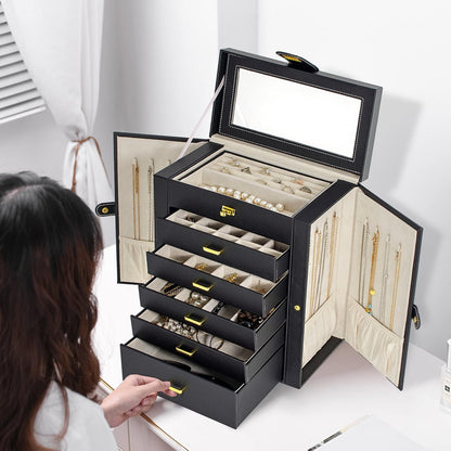 Huge Jewelry Box Organizer Functional Lockable, Large Leather Jewelry Storage Case for Women Girls Ring Necklace Earring Bracelet Holder Organizer with Mirror