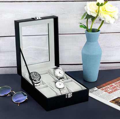 Watch Box 6 Slots PU Leather Case Organizer Wooden Storage Organizer for Storage and Display Men'S & Women'S Gift Business（Gray