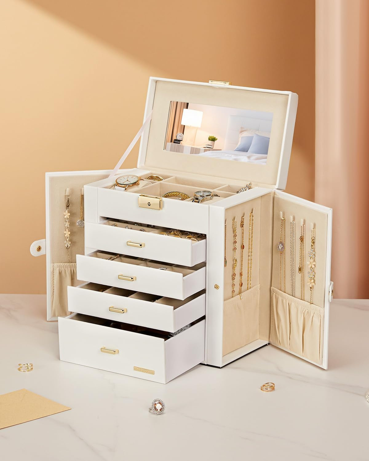 Synthetic Leather Huge Jewelry Box Mirrored Watch Organizer Necklace Ring Earring Storage Lockable Gift Case (White + Gold)