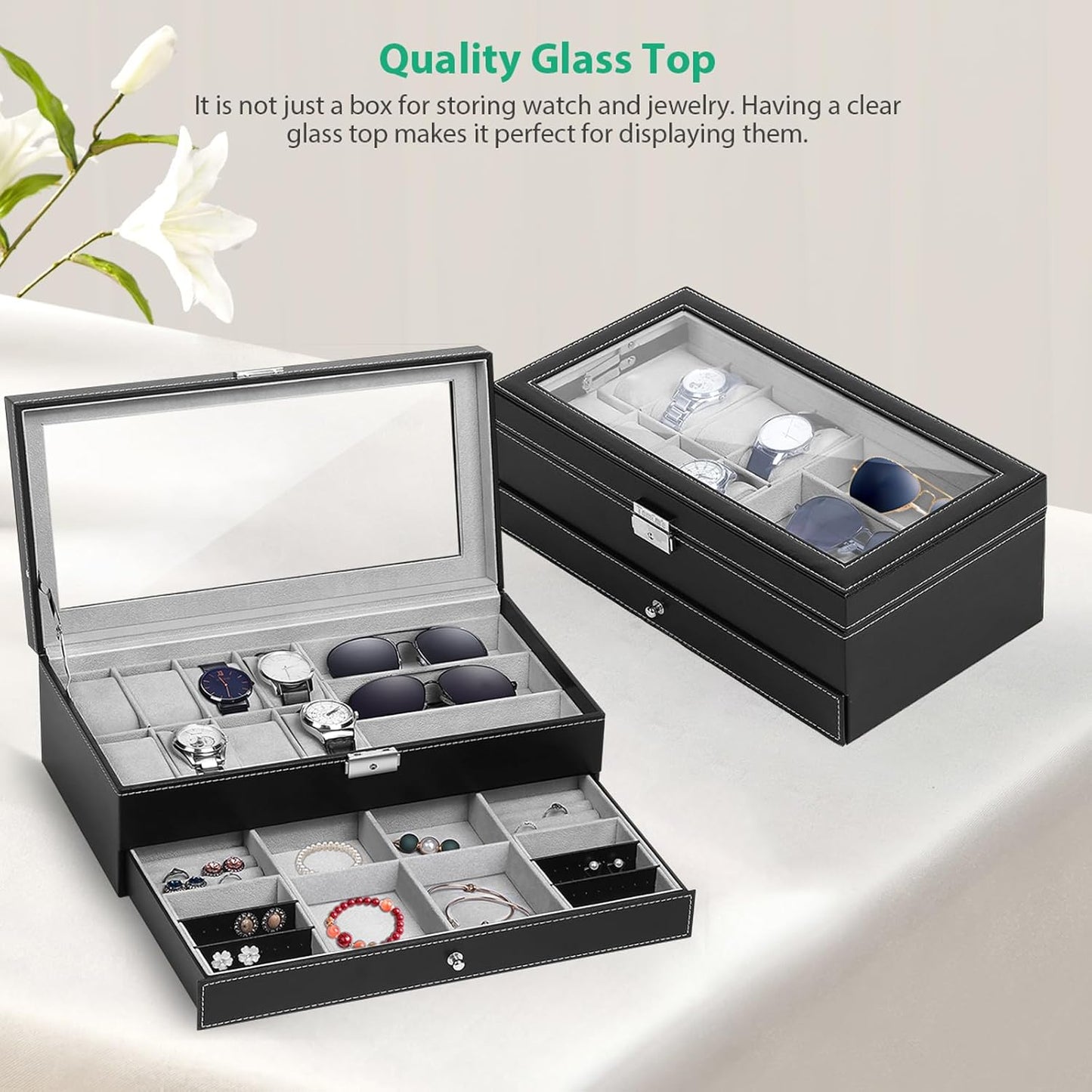 Tomcare Watch Box Watch Case Jewelry Organizer Holder Jewelry Display Box Case Sunglasses Storage Organizer Lockable with Glass Top and PU Leather for Men Women, Black