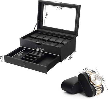 12-Slot Watch Box, Watch Case for Men 2-Layer, Watch Display Organizer Mens Jewelry Box Men’S Watch Cases, Glass Top, Watch Hoder, Gift Idea, Black Synthetic Leather SSH02C