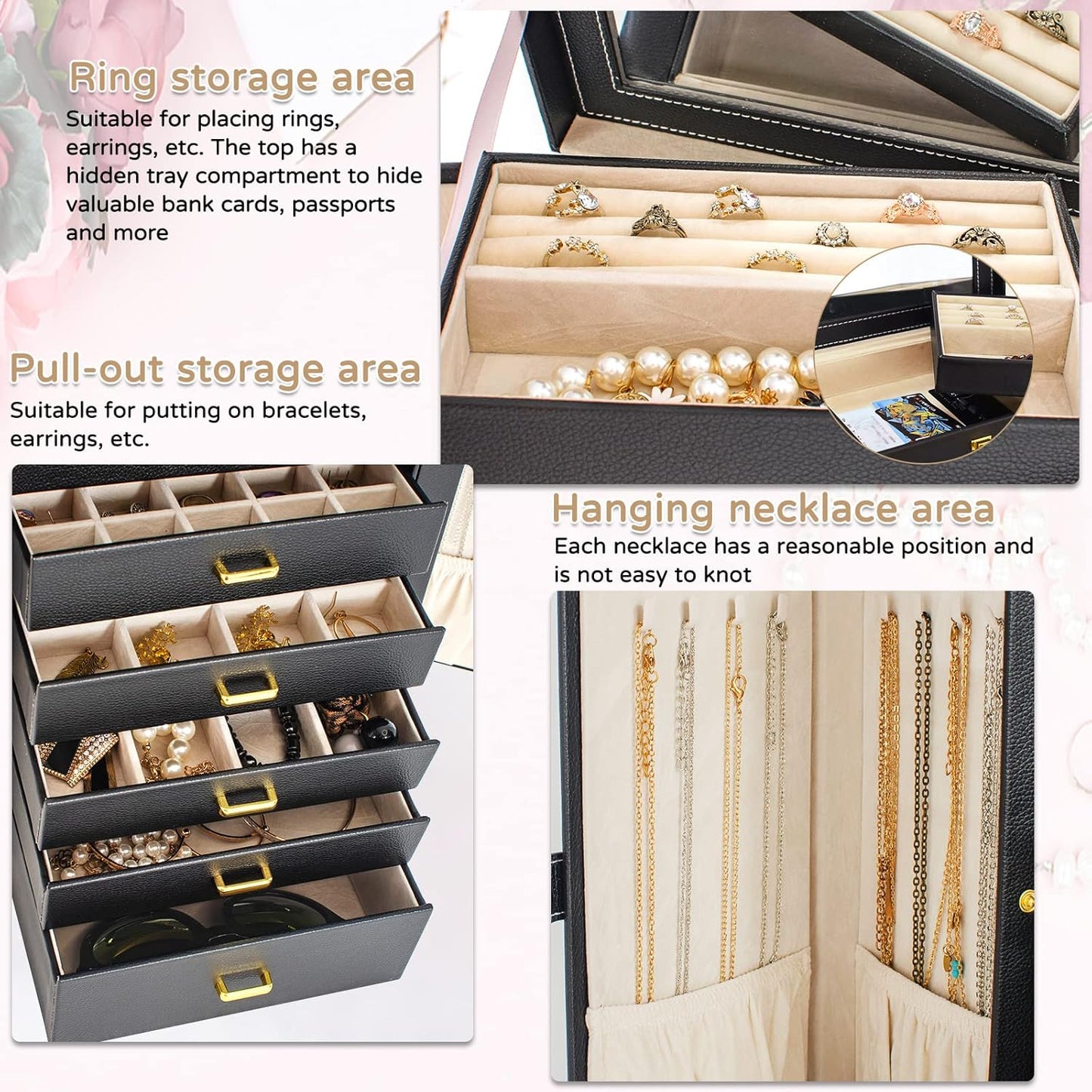 Huge Jewelry Box Organizer Functional Lockable, Large Leather Jewelry Storage Case for Women Girls Ring Necklace Earring Bracelet Holder Organizer with Mirror