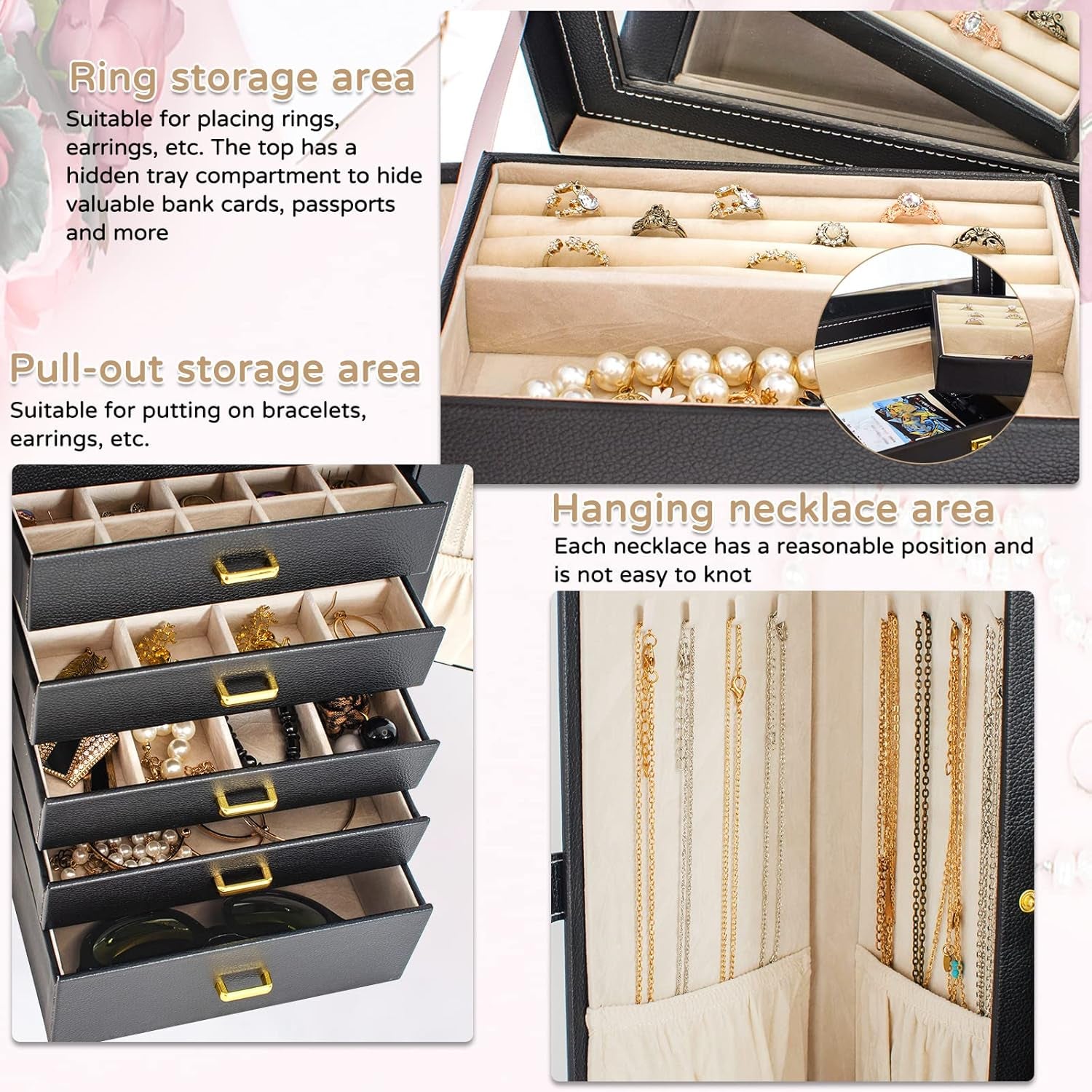 Huge Jewelry Box Organizer Functional Lockable, Large Leather Jewelry Storage Case for Women Girls Ring Necklace Earring Bracelet Holder Organizer with Mirror