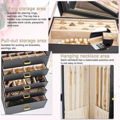 Huge Jewelry Box Organizer Functional Lockable, Large Leather Jewelry Storage Case for Women Girls Ring Necklace Earring Bracelet Holder Organizer with Mirror