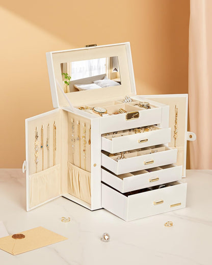 Synthetic Leather Huge Jewelry Box Mirrored Watch Organizer Necklace Ring Earring Storage Lockable Gift Case (White + Gold)
