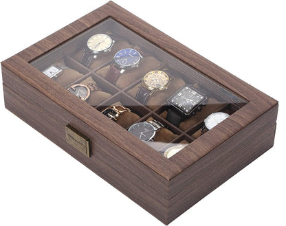 READAEER 10 Slot PU Leather Watch Box Organizer Watch Case with Glass Top