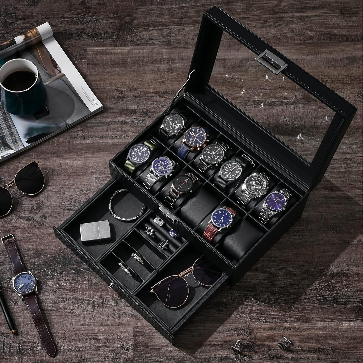 12-Slot Watch Box, Watch Case for Men 2-Layer, Watch Display Organizer Mens Jewelry Box Men’S Watch Cases, Glass Top, Watch Hoder, Gift Idea, Black Synthetic Leather SSH02C