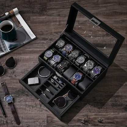 12-Slot Watch Box, Watch Case for Men 2-Layer, Watch Display Organizer Mens Jewelry Box Men’S Watch Cases, Glass Top, Watch Hoder, Gift Idea, Black Synthetic Leather SSH02C