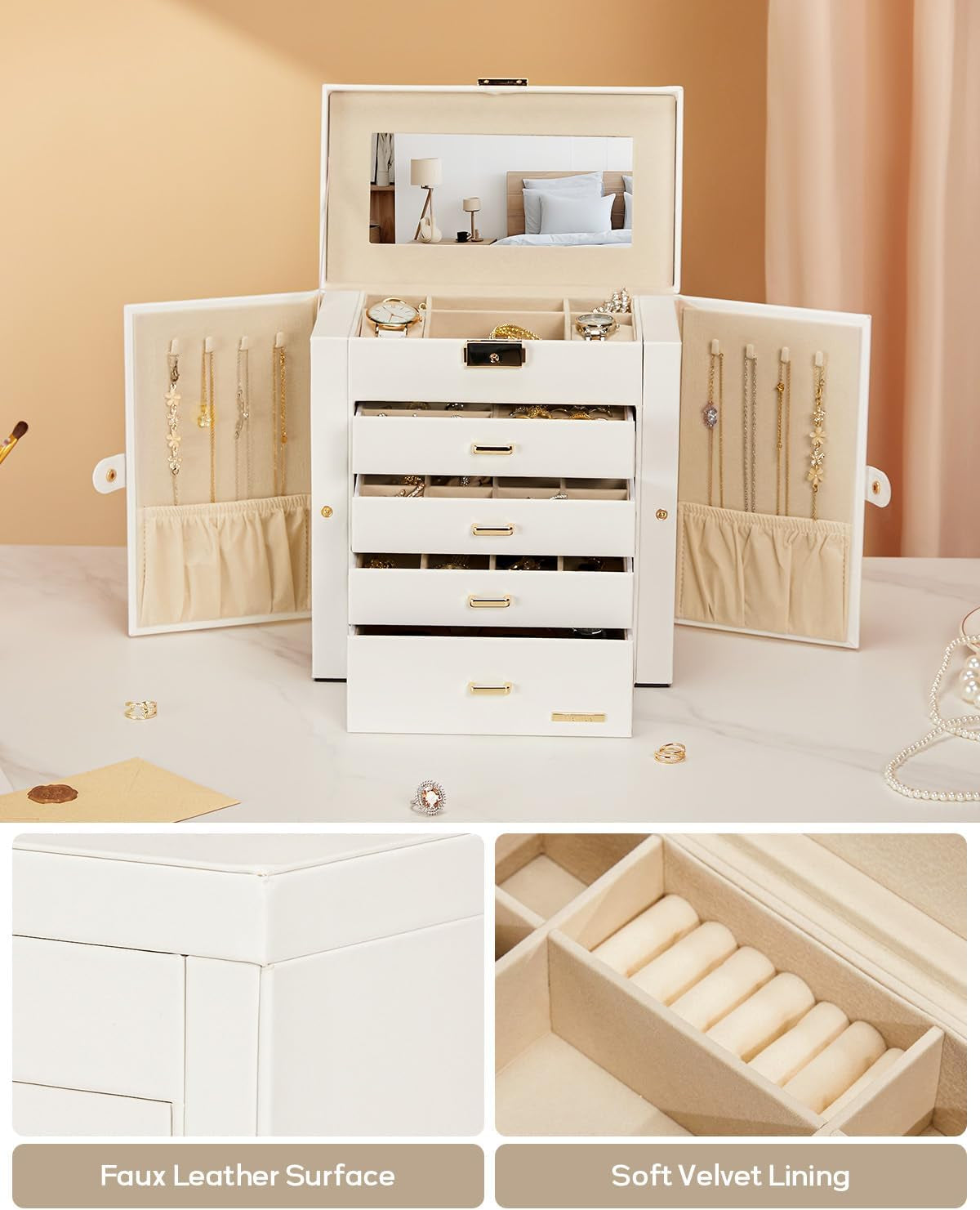 Synthetic Leather Huge Jewelry Box Mirrored Watch Organizer Necklace Ring Earring Storage Lockable Gift Case (White + Gold)