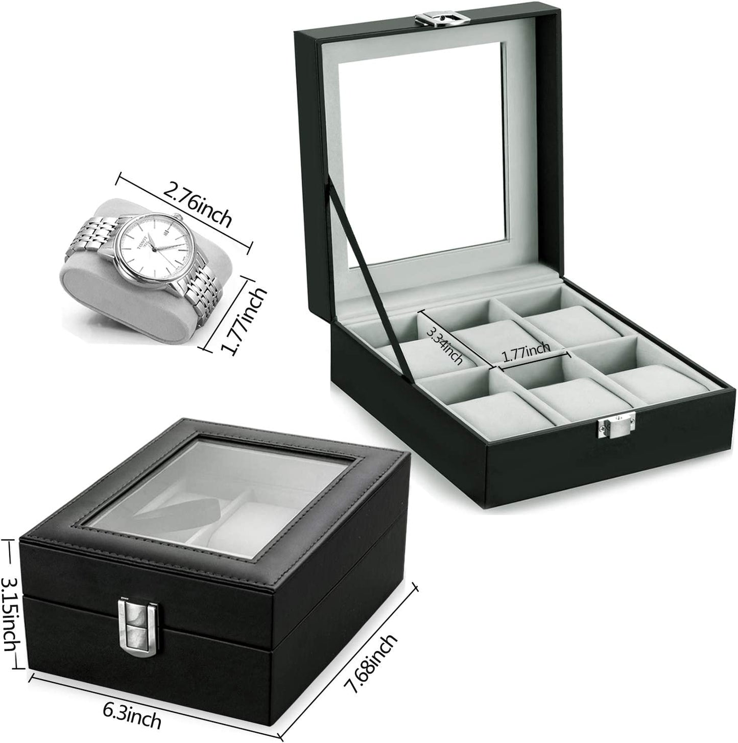 Watch Box 6 Slots PU Leather Case Organizer Wooden Storage Organizer for Storage and Display Men'S & Women'S Gift Business（Gray