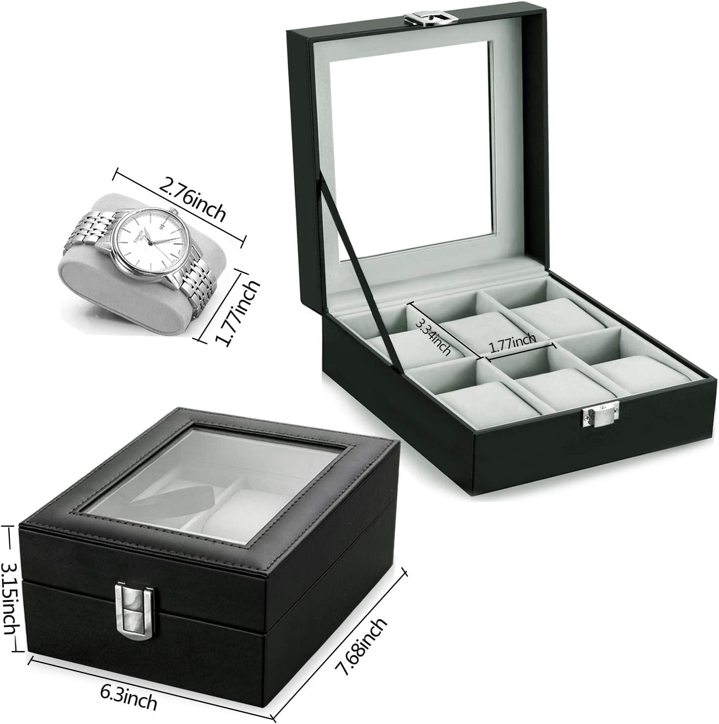 Watch Box 6 Slots PU Leather Case Organizer Wooden Storage Organizer for Storage and Display Men'S & Women'S Gift Business（Gray