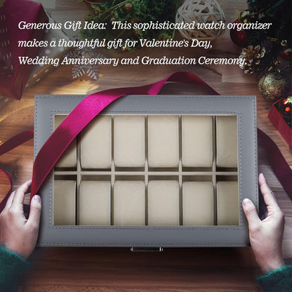 Watch Box 12 Slots, PU Leather Jewelry Box with Acrylic Top, Gray Display Case Organizer for Men and Women