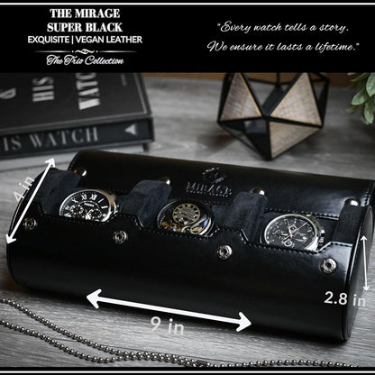 Travel Watch Case – 3 Watch Organizer Travel for Men - Watch Carrying Case Holder and Display - Super Black Motif Vegan Leather