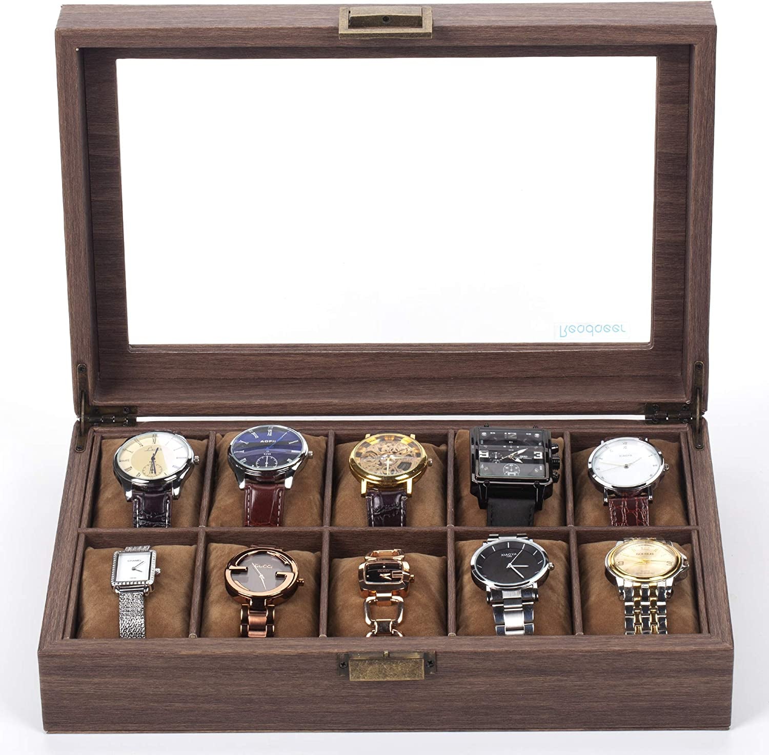 READAEER 10 Slot PU Leather Watch Box Organizer Watch Case with Glass Top