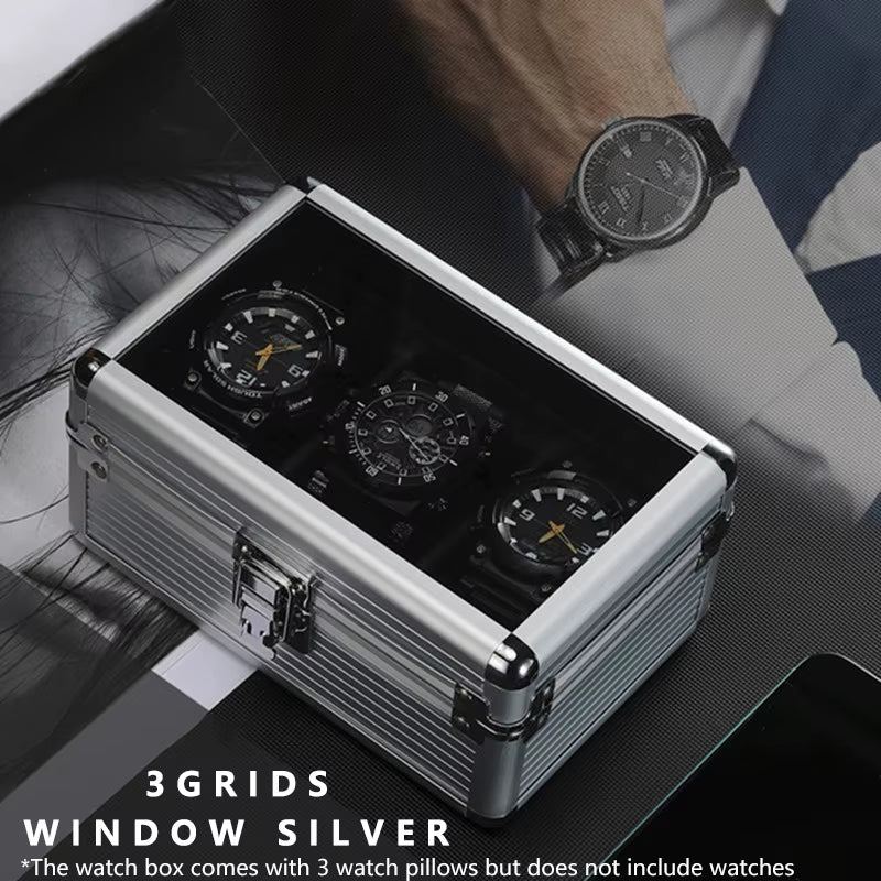 Practical 3 Slot Watch Box Aluminum Alloy Watch Display Case Glass Top Watch Case Watch Storage Box