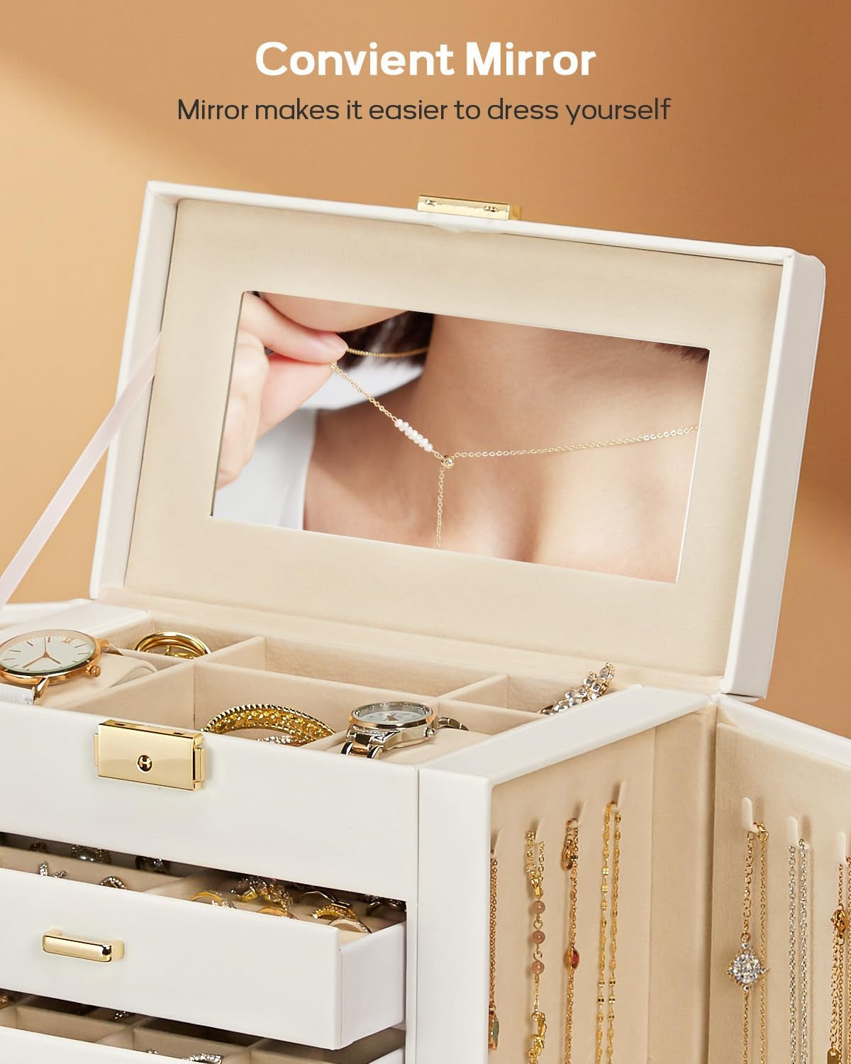 Synthetic Leather Huge Jewelry Box Mirrored Watch Organizer Necklace Ring Earring Storage Lockable Gift Case (White + Gold)