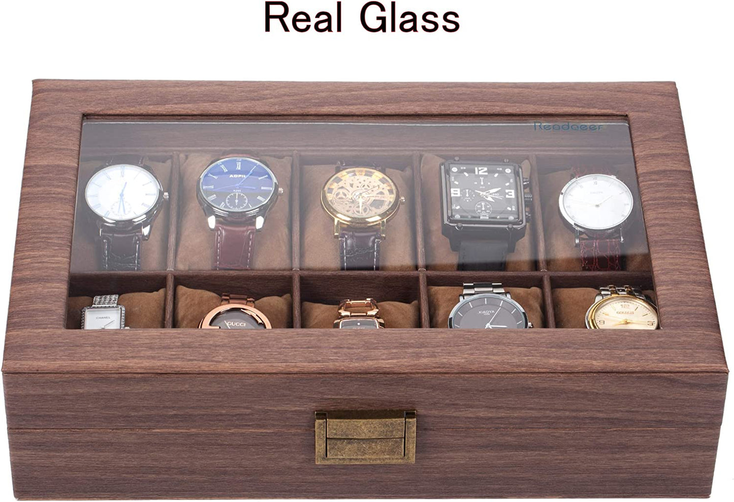 READAEER 10 Slot PU Leather Watch Box Organizer Watch Case with Glass Top