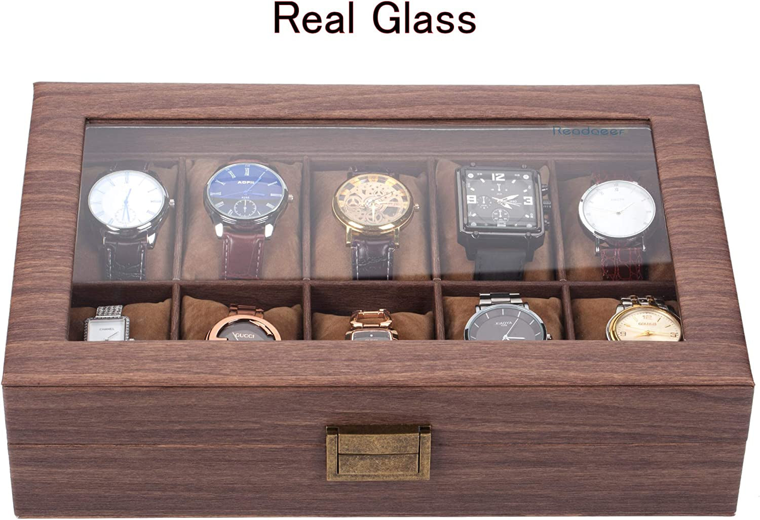 READAEER 10 Slot PU Leather Watch Box Organizer Watch Case with Glass Top