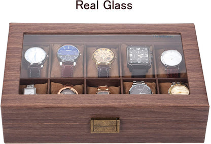 READAEER 10 Slot PU Leather Watch Box Organizer Watch Case with Glass Top