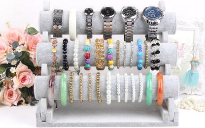 Wudygirl Triple Bracelet Holder Velvet Jewelry Display Stand Watch Bangle Bar Necklace Storage Organizer Gray (Ice Velvet 3 Tier)