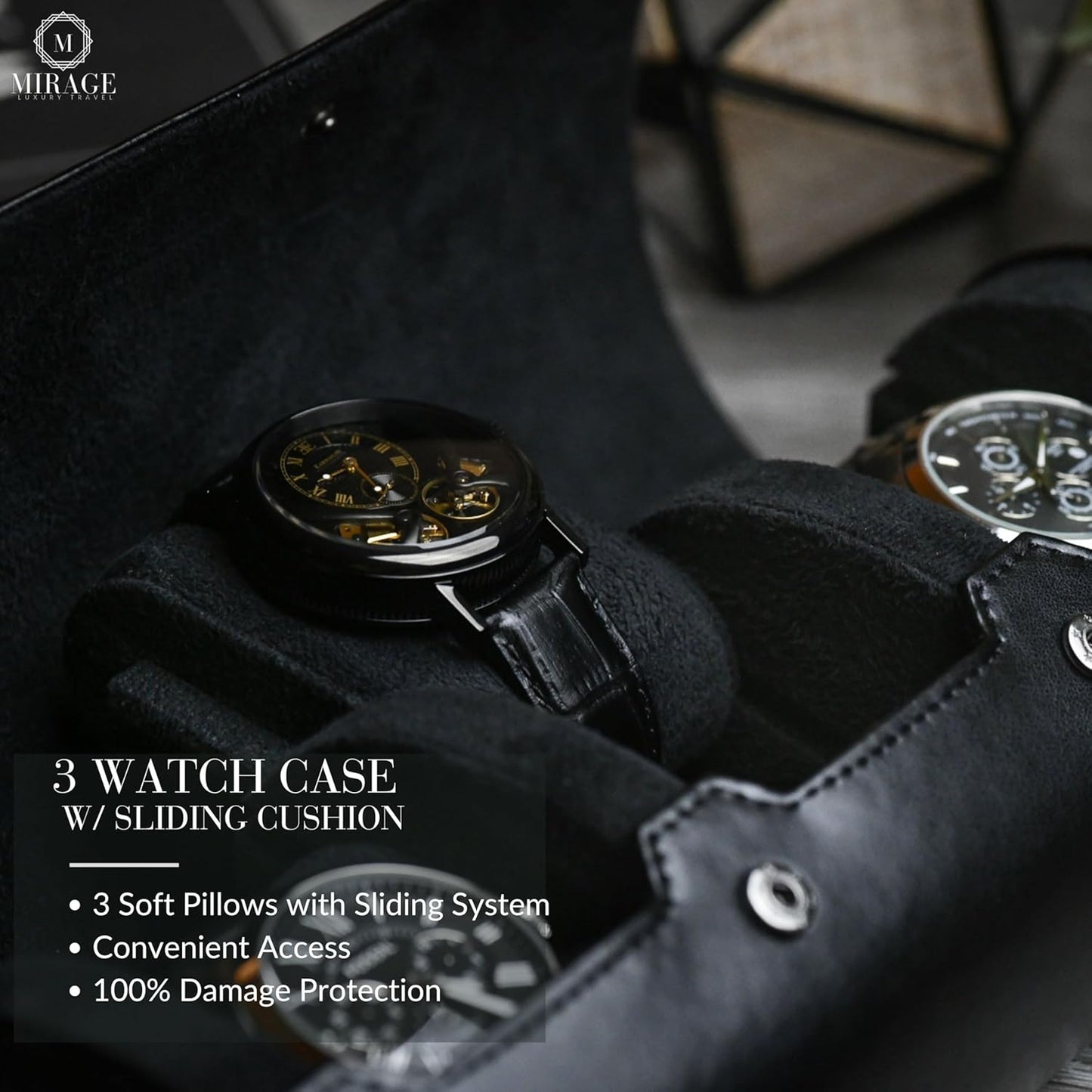 Travel Watch Case – 3 Watch Organizer Travel for Men - Watch Carrying Case Holder and Display - Super Black Motif Vegan Leather