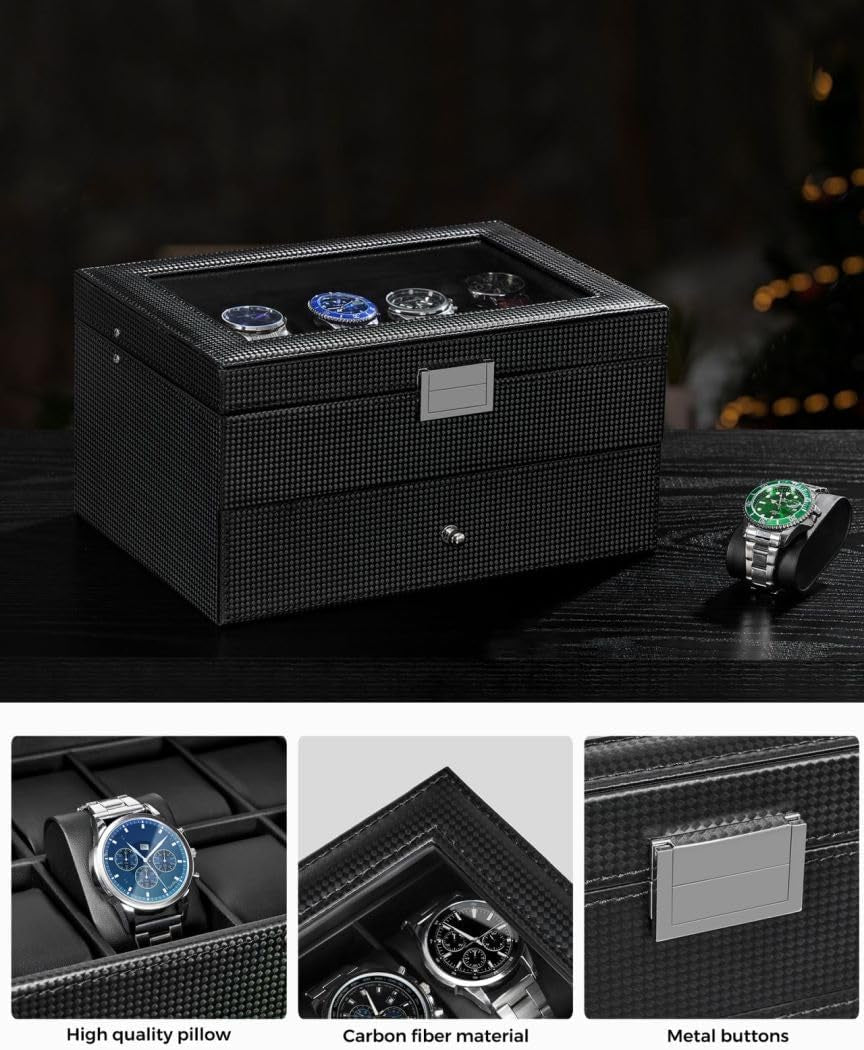 12-Slot Watch Box, Watch Case for Men 2-Layer, Watch Display Organizer Mens Jewelry Box Men’S Watch Cases, Glass Top, Watch Hoder, Gift Idea, Black Synthetic Leather SSH02C