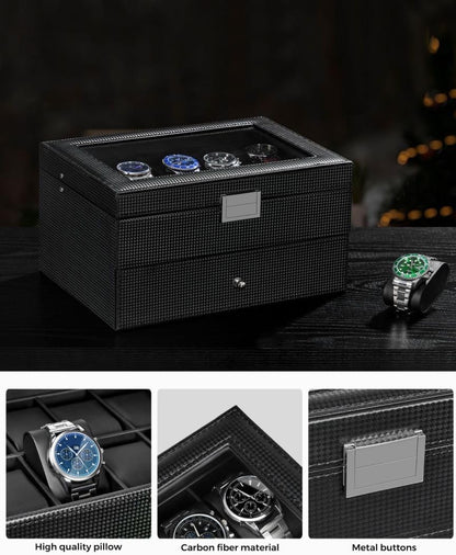 12-Slot Watch Box, Watch Case for Men 2-Layer, Watch Display Organizer Mens Jewelry Box Men’S Watch Cases, Glass Top, Watch Hoder, Gift Idea, Black Synthetic Leather SSH02C